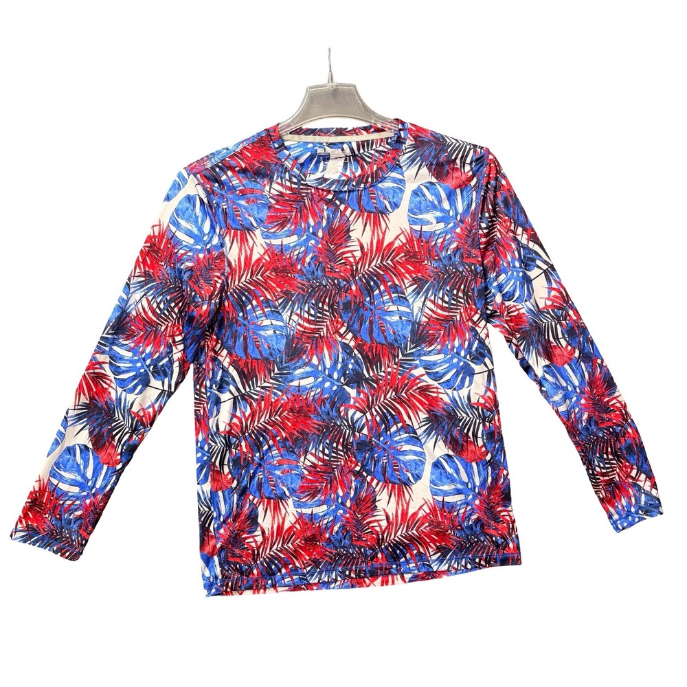 Reel Legends Performance Shirt Small Red Blue Tropical‎ Monstera Leaf Rash Guard